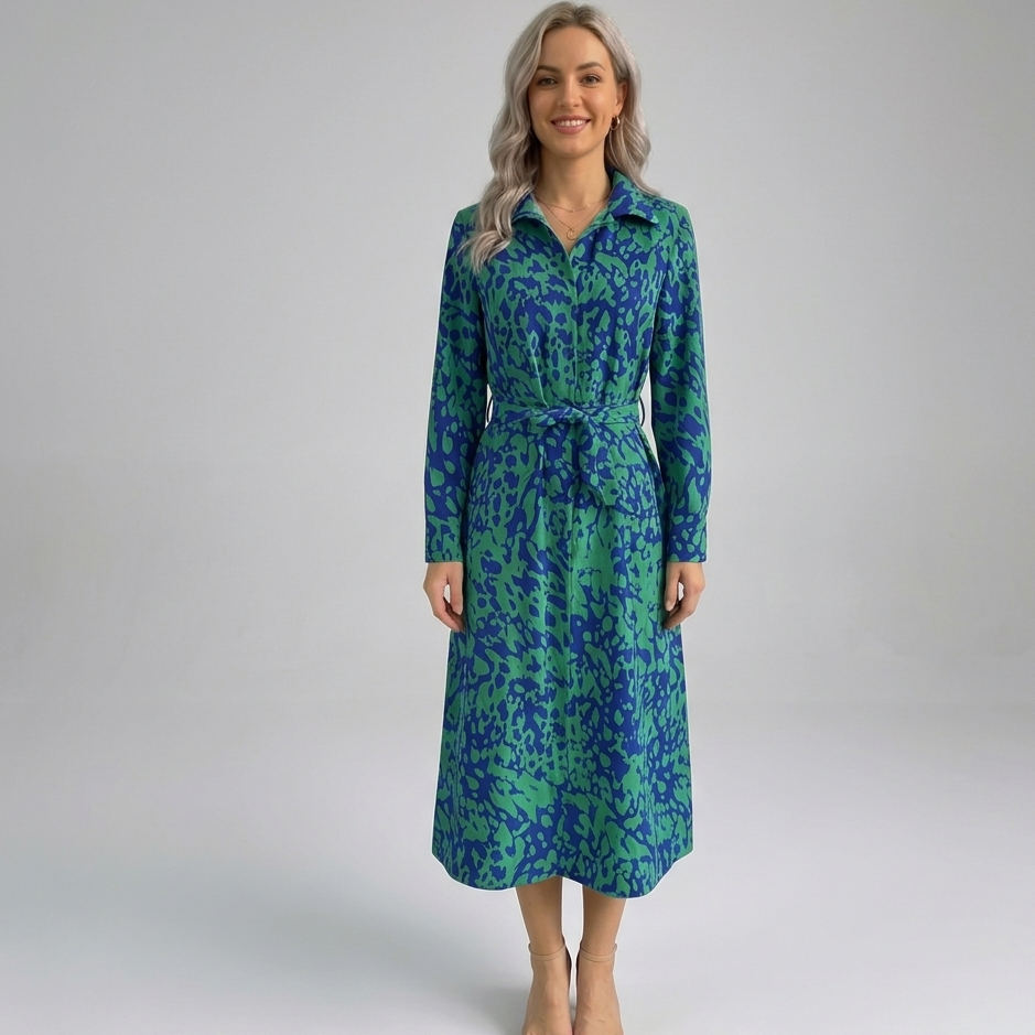 Verdant Abstract – Belted Midi Shirt Dress – Cloteline