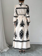 Monochrome Heritage – Belted Maxi Dress