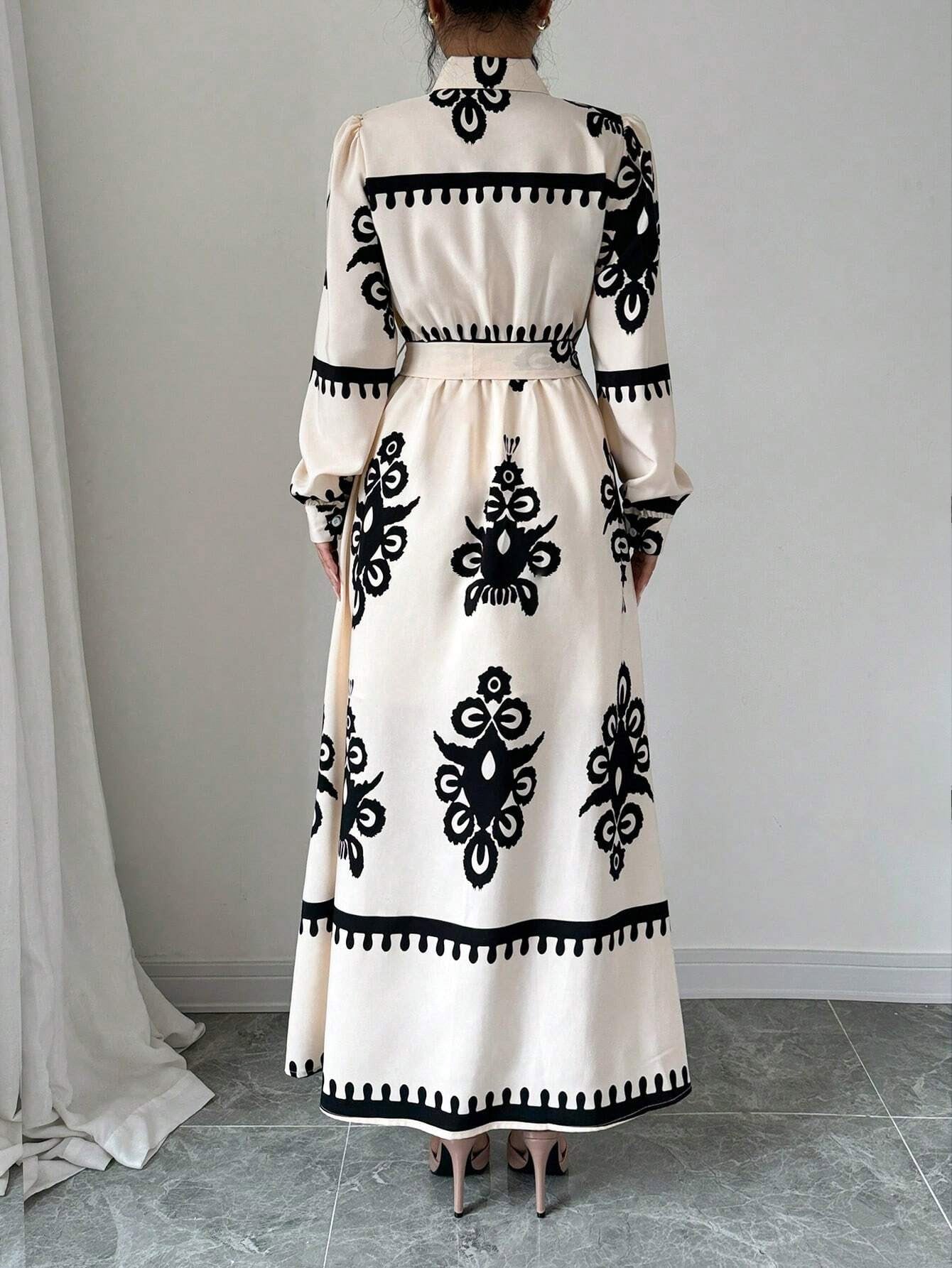 Monochrome Heritage – Belted Maxi Dress