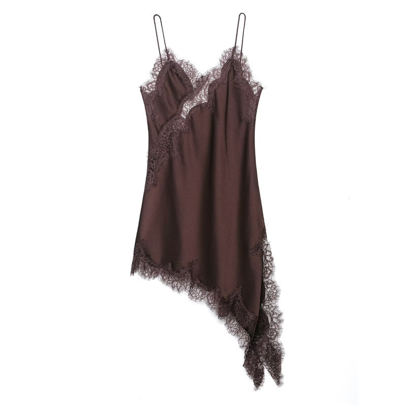Aura – Asymmetric Lace Satin Midi Dress