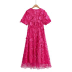 Fuchsia Bloom – 3D Floral Midi Dress