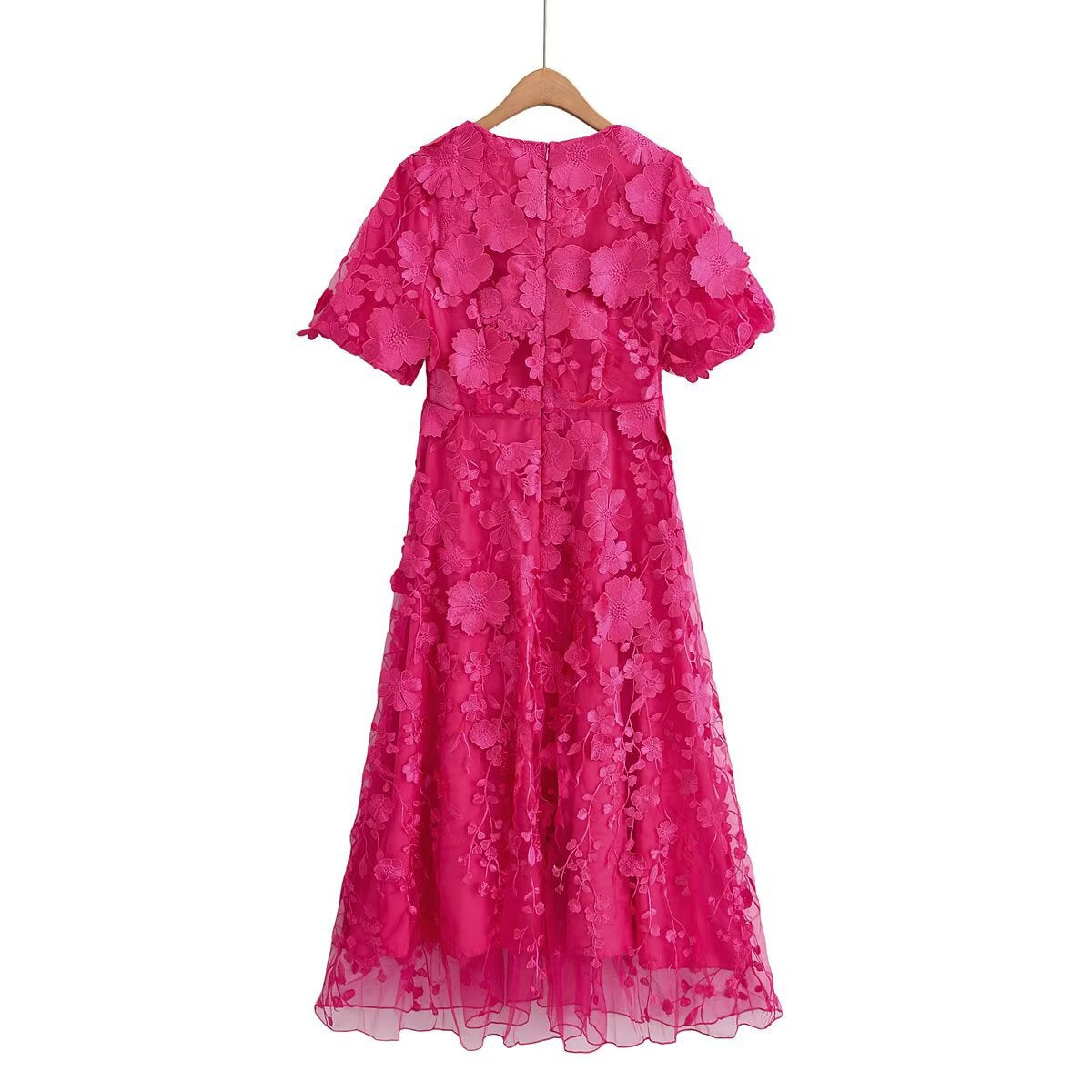 Fuchsia Bloom – 3D Floral Midi Dress