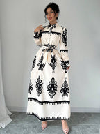 Monochrome Heritage – Belted Maxi Dress