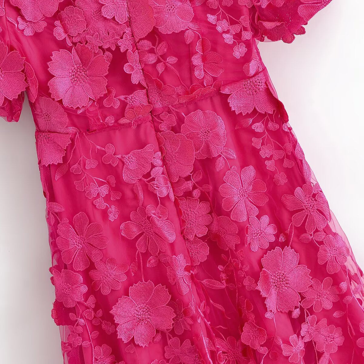 Fuchsia Bloom – 3D Floral Midi Dress