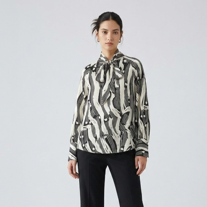 Monochrome Muse – Abstract Tie-Neck Blouse
