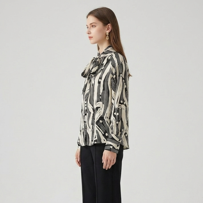 Monochrome Muse – Abstract Tie-Neck Blouse