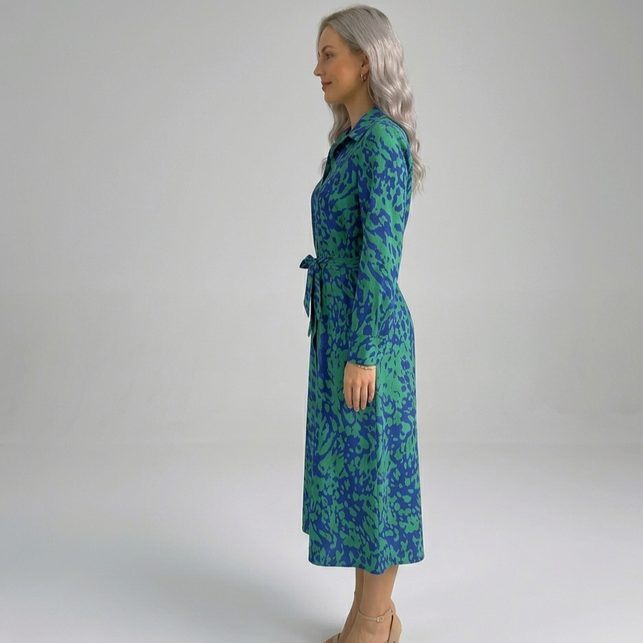 Verdant Abstract – Belted Midi Shirt Dress