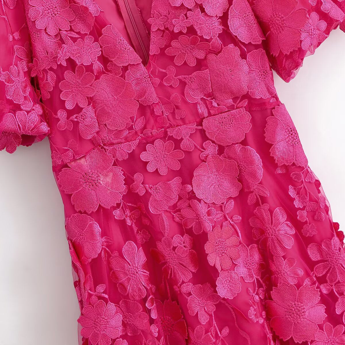 Fuchsia Bloom – 3D Floral Midi Dress