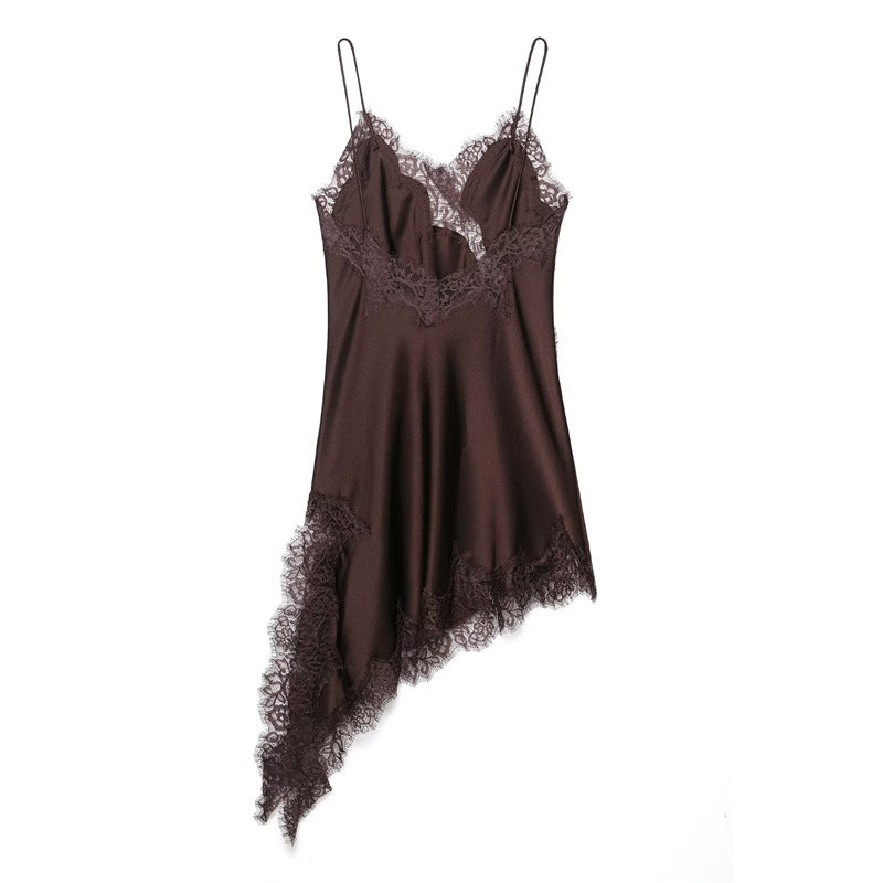 Aura – Asymmetric Lace Satin Midi Dress