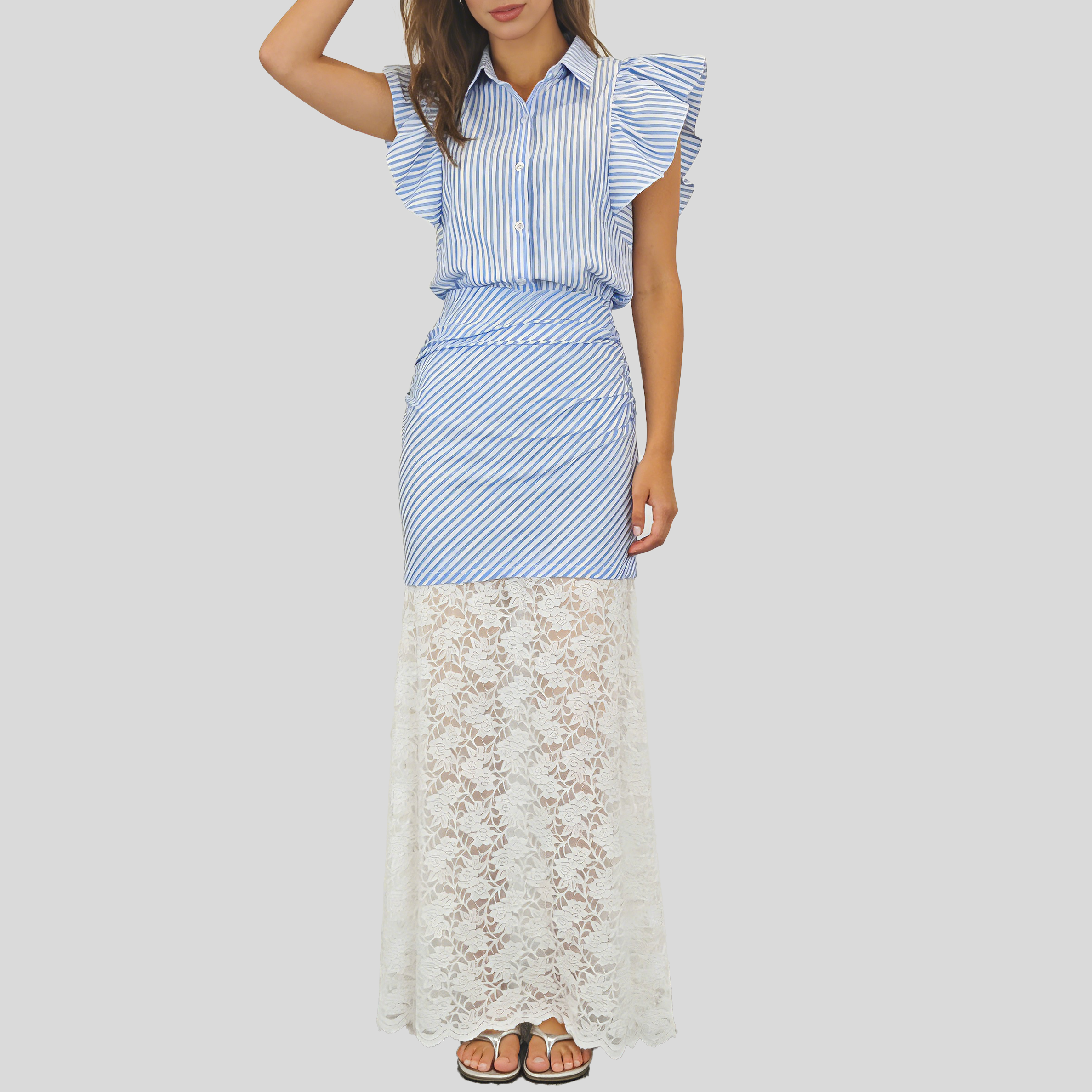 Coastal Muse – Striped Ruffle Blouse & Lace Trousers Set
