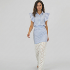Coastal Muse – Striped Ruffle Blouse & Lace Trousers Set