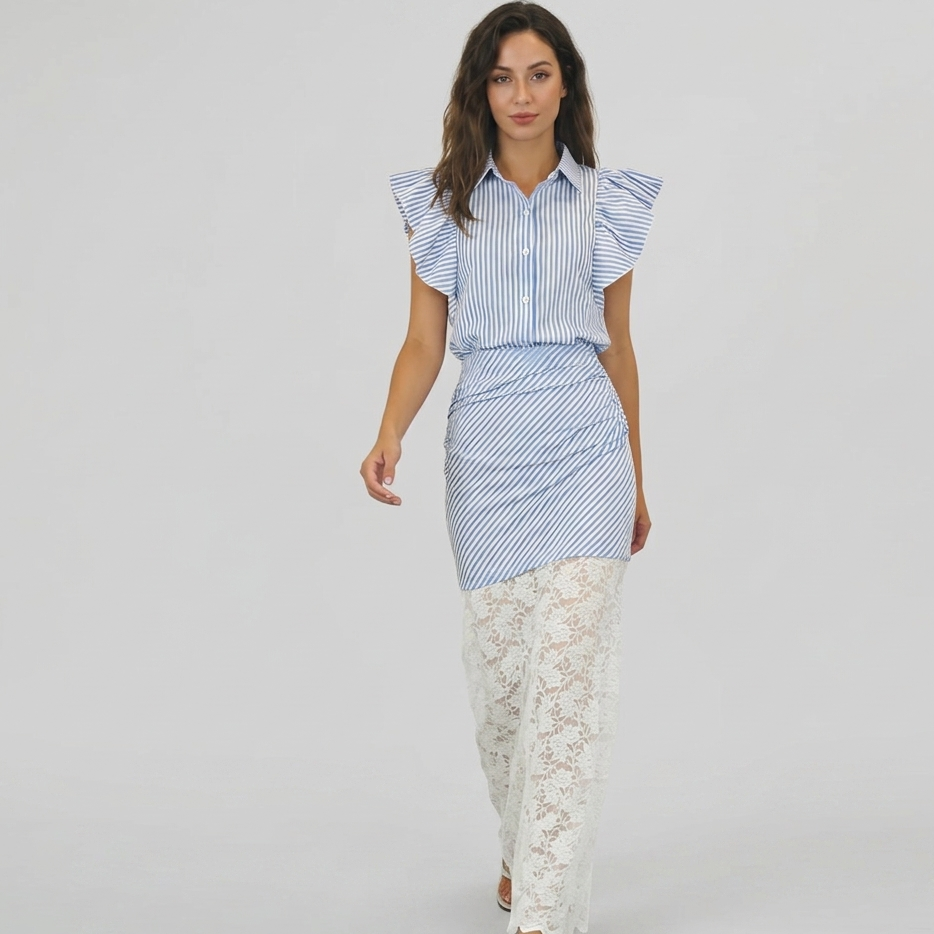 Coastal Muse – Striped Ruffle Blouse & Lace Trousers Set