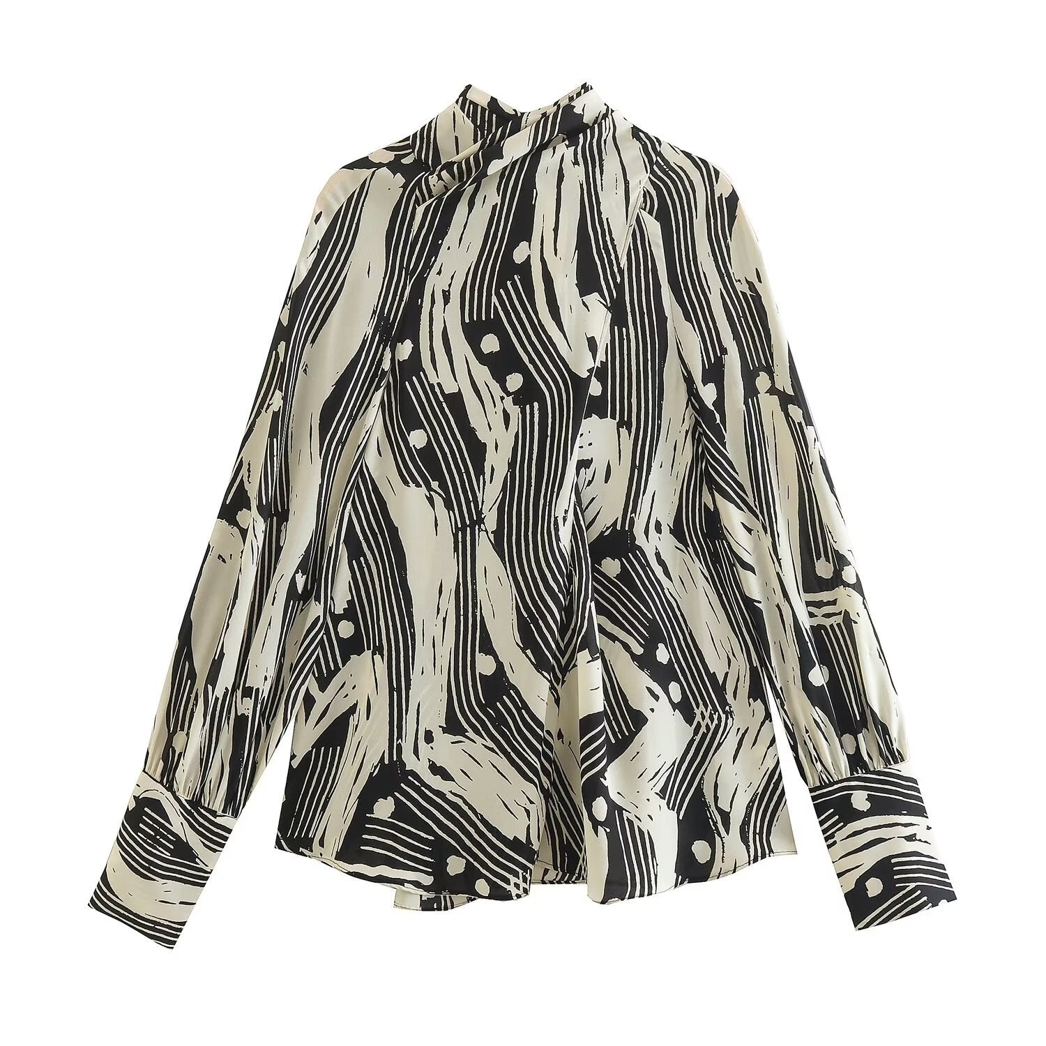Monochrome Muse – Abstract Tie-Neck Blouse