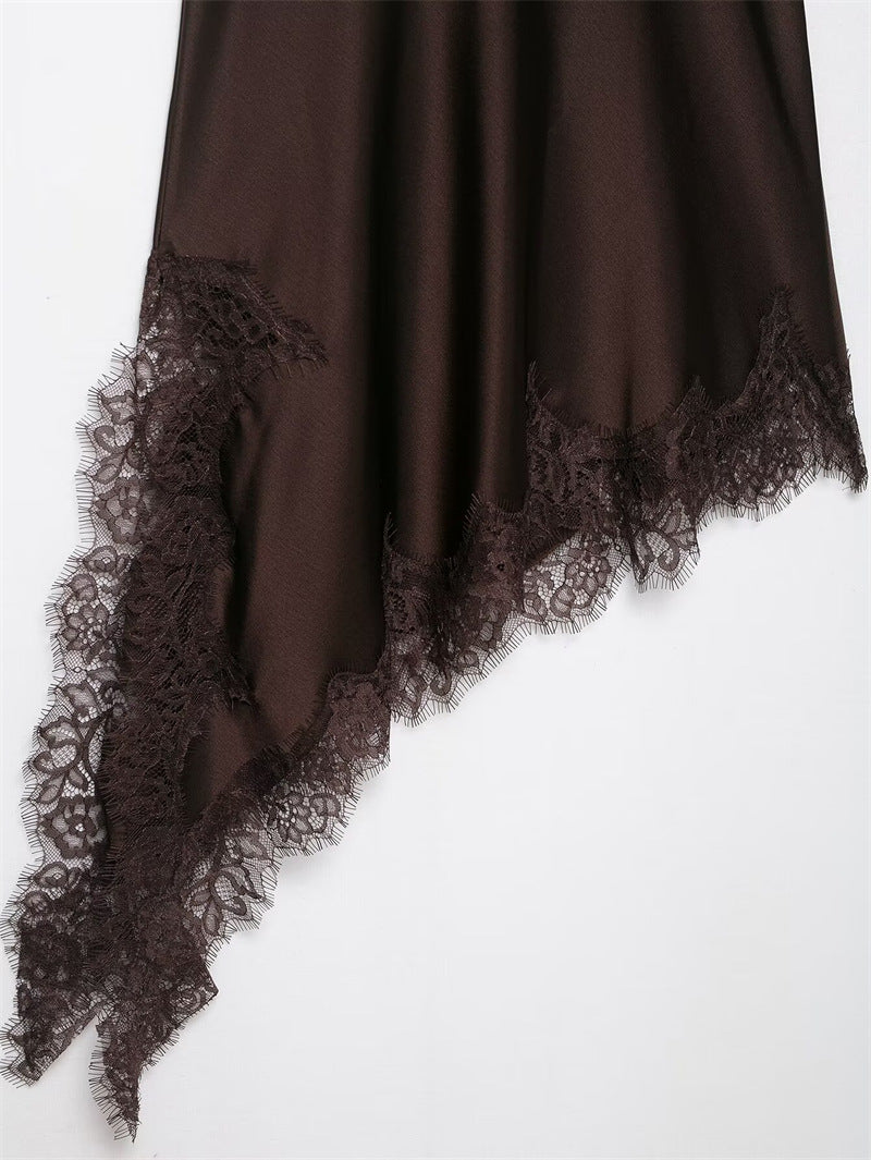 Aura – Asymmetric Lace Satin Midi Dress