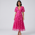 Fuchsia Bloom – 3D Floral Midi Dress