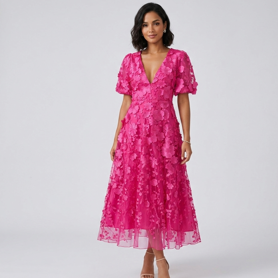Fuchsia Bloom – 3D Floral Midi Dress