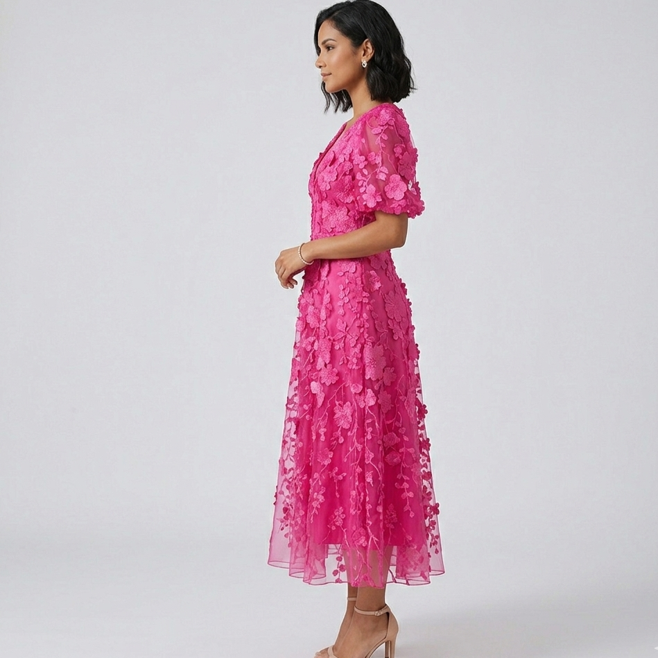 Fuchsia Bloom – 3D Floral Midi Dress