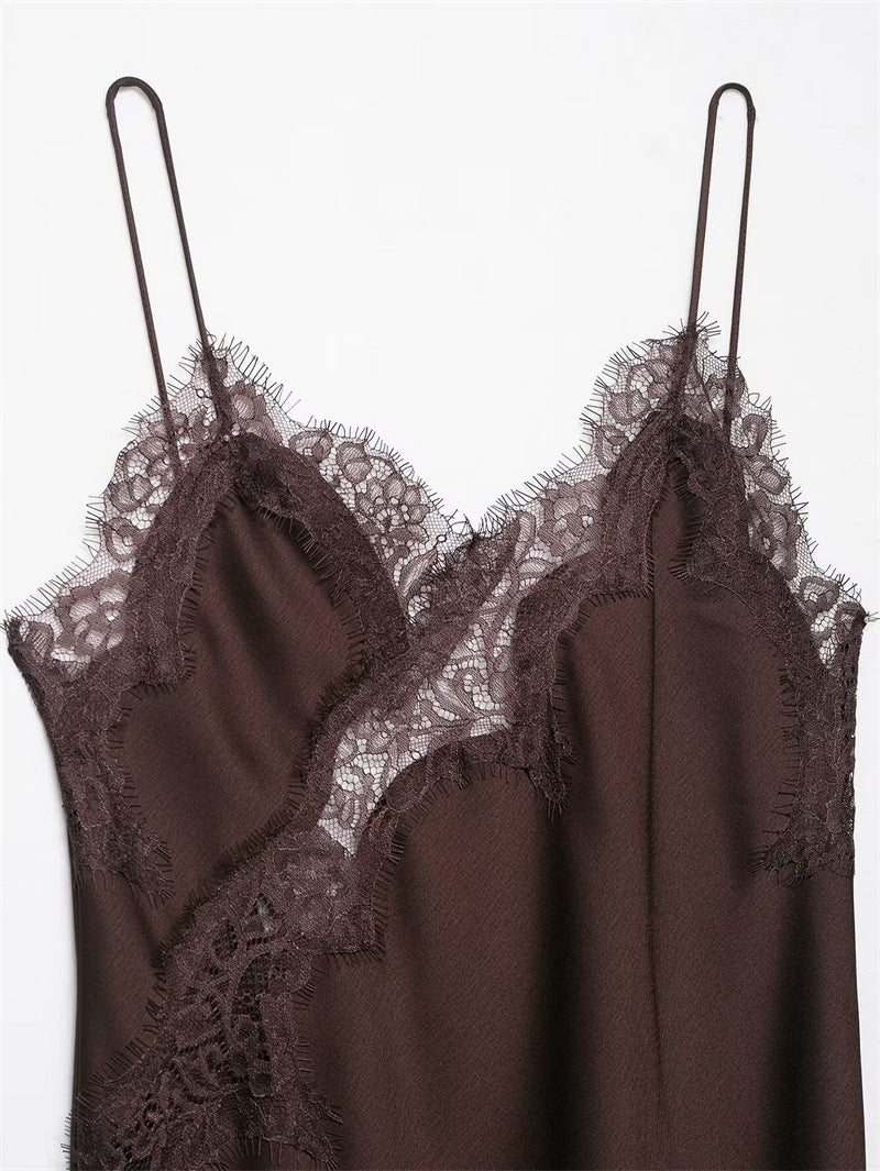 Aura – Asymmetric Lace Satin Midi Dress