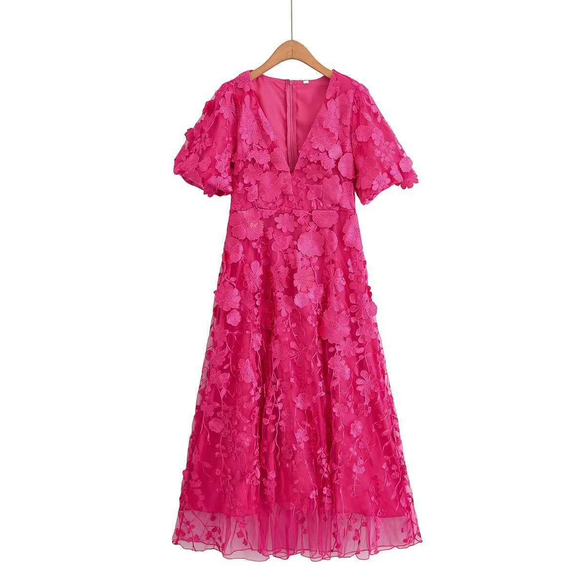 Fuchsia Bloom – 3D Floral Midi Dress