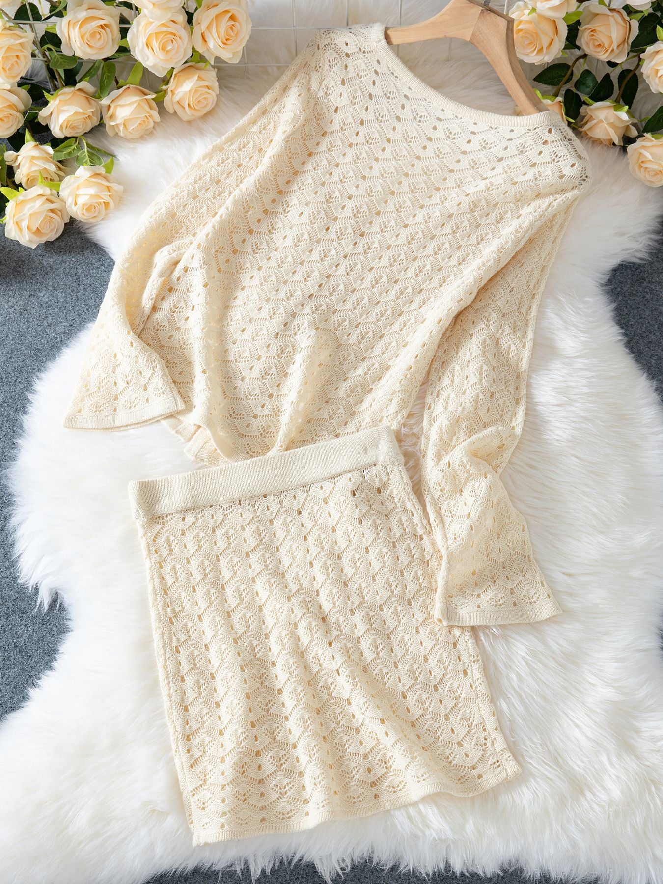 Seaside Elegance – Crochet Cardigan & Mini Skirt Set