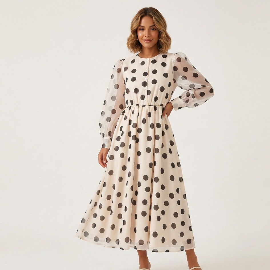 Retro Radiance – Polka Dot Organza Midi Dress