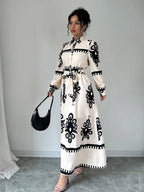 Monochrome Heritage – Belted Maxi Dress