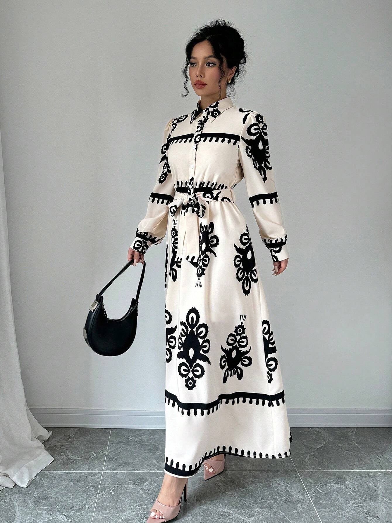 Monochrome Heritage – Belted Maxi Dress