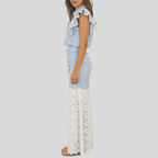Coastal Muse – Striped Ruffle Blouse & Lace Trousers Set