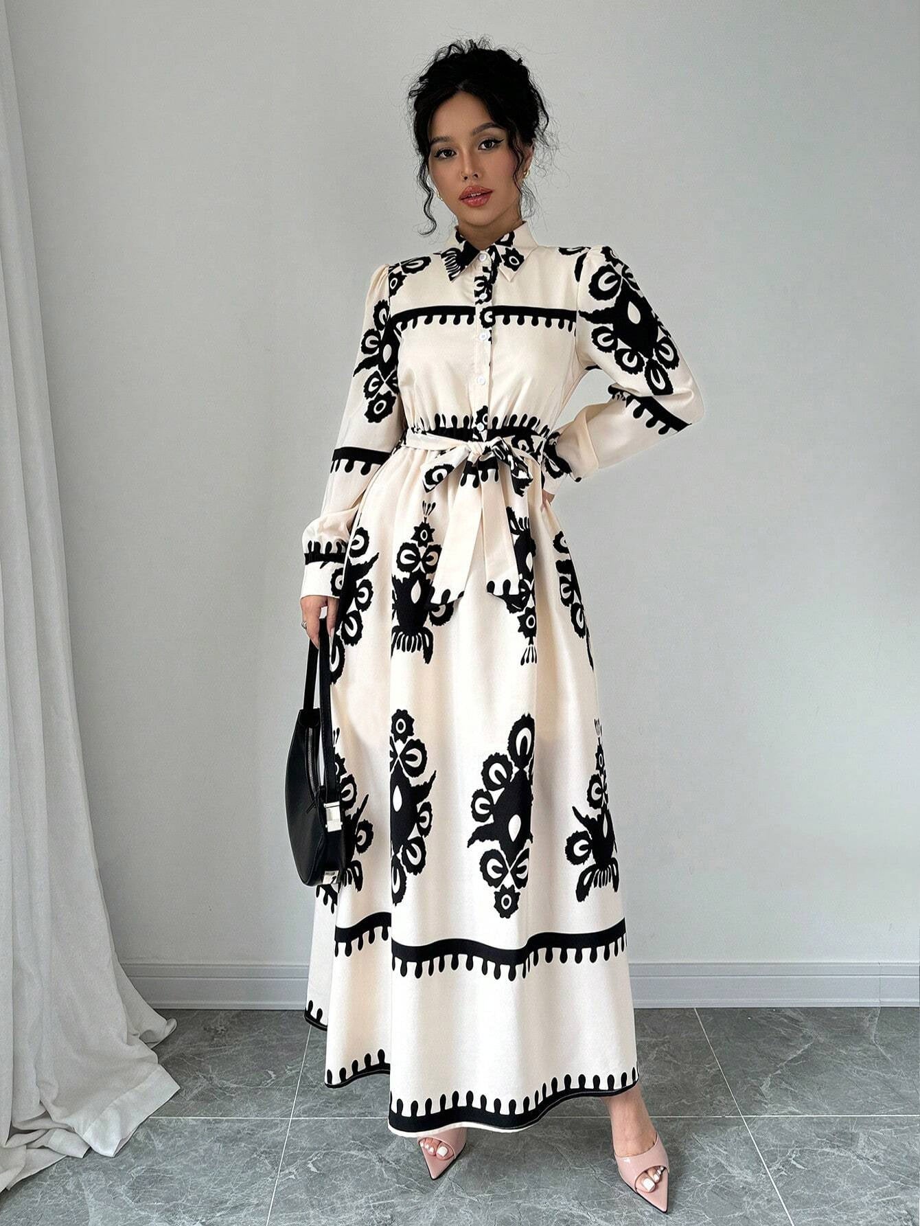 Monochrome Heritage – Belted Maxi Dress