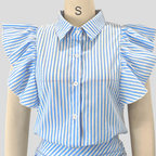 Coastal Muse – Striped Ruffle Blouse & Lace Trousers Set