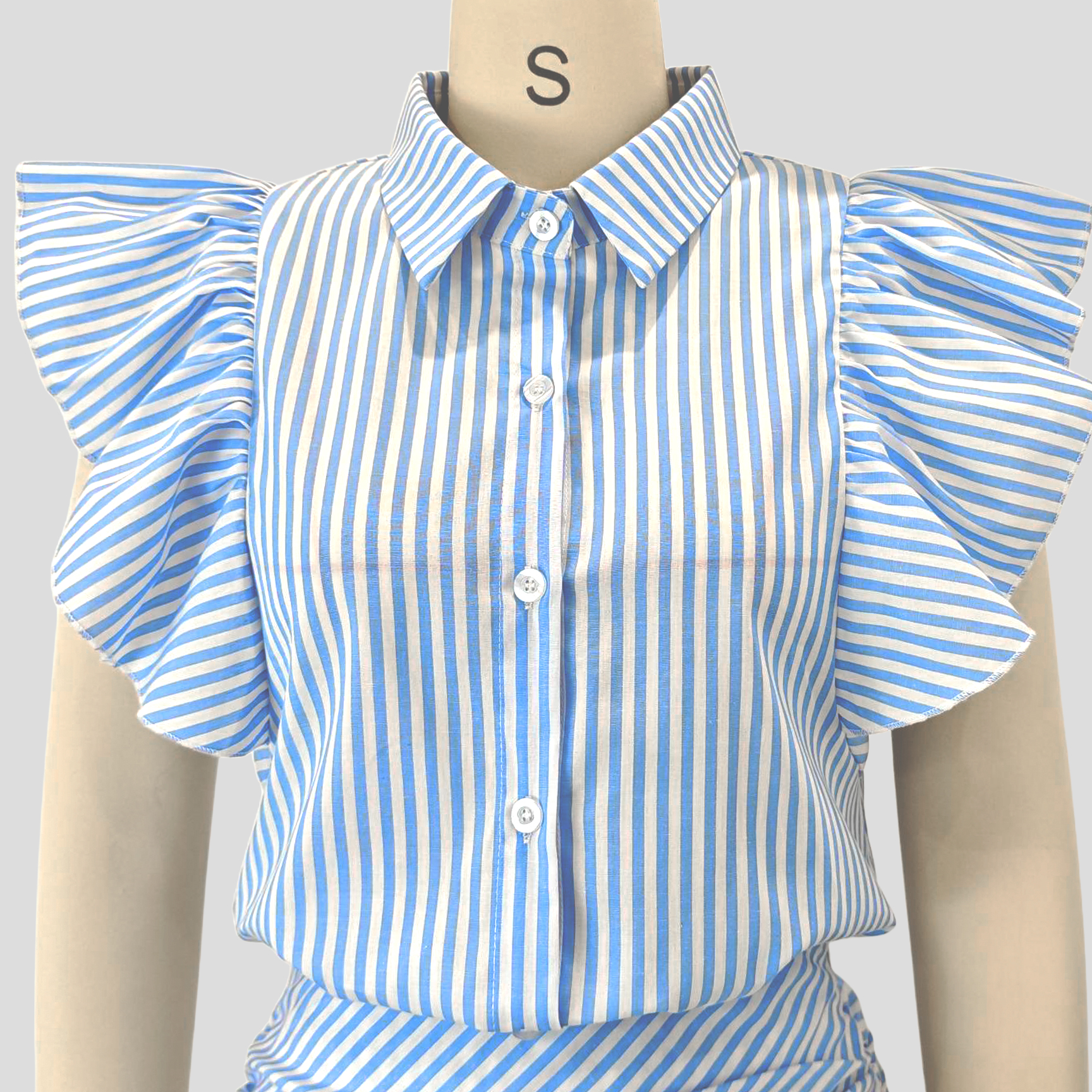Coastal Muse – Striped Ruffle Blouse & Lace Trousers Set